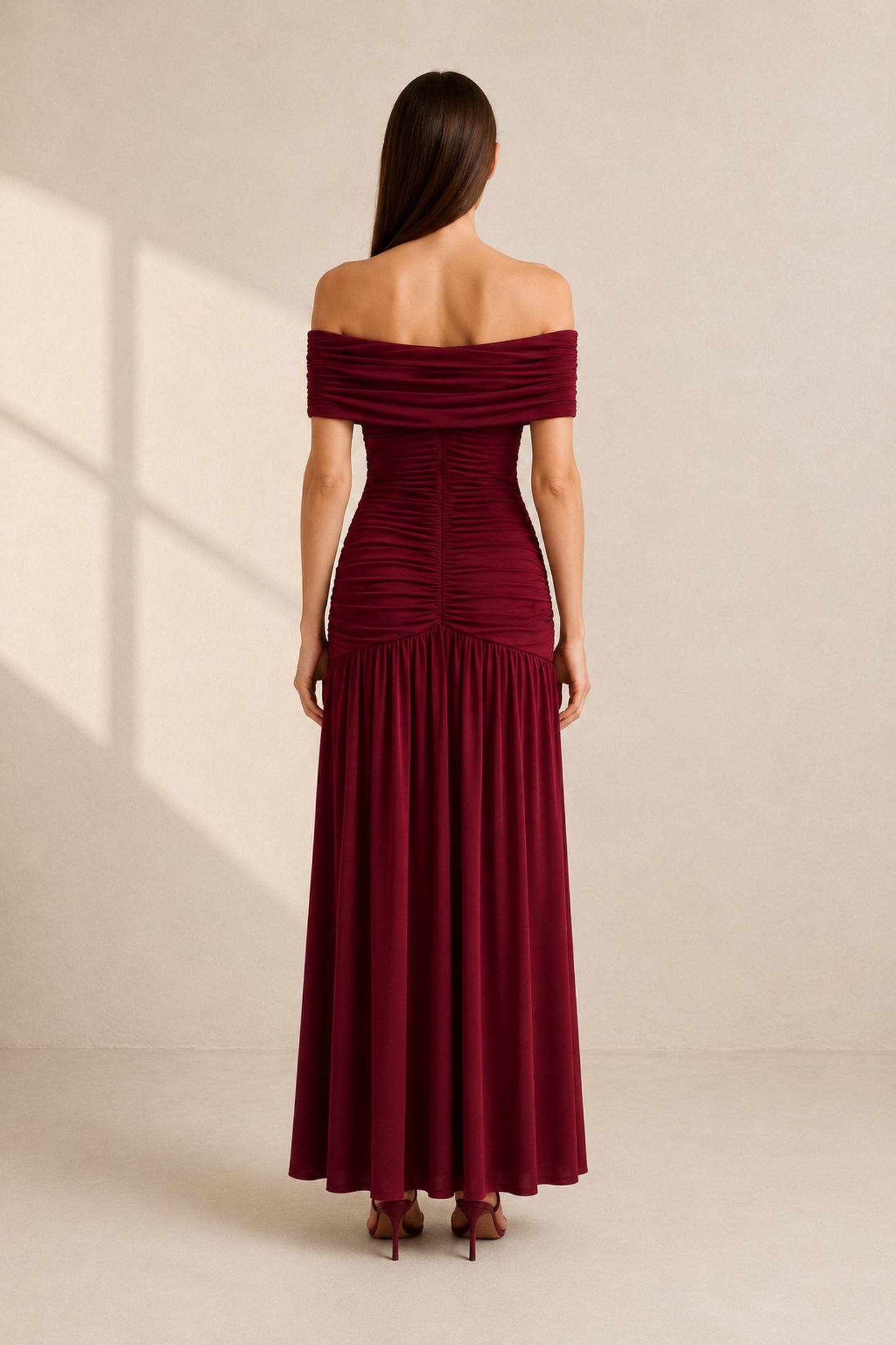 Camille Off-Shoulder Bardot Maxi Dress • Burgundy