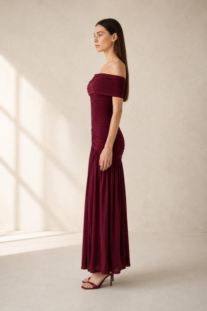 Camille Off-Shoulder Bardot Maxi Dress • Burgundy