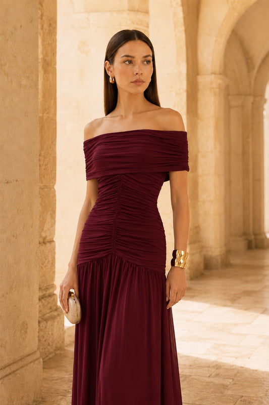 Camille Off-Shoulder Bardot Maxi Dress • Burgundy