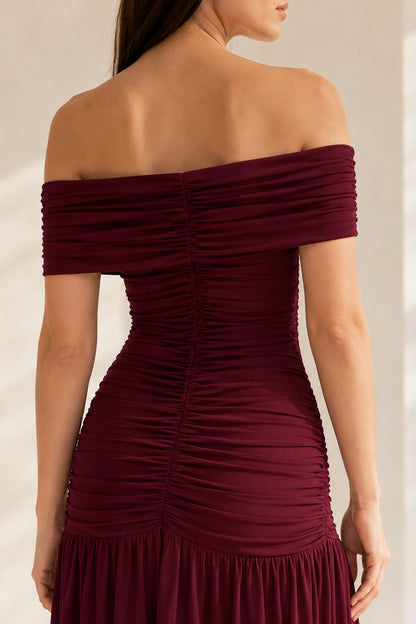 Camille Off-Shoulder Bardot Maxi Dress • Burgundy