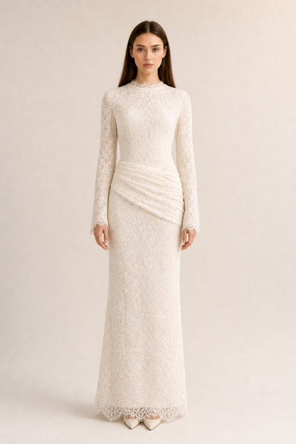 Lilia Asymmetric Drape Lace Maxi Dress • White