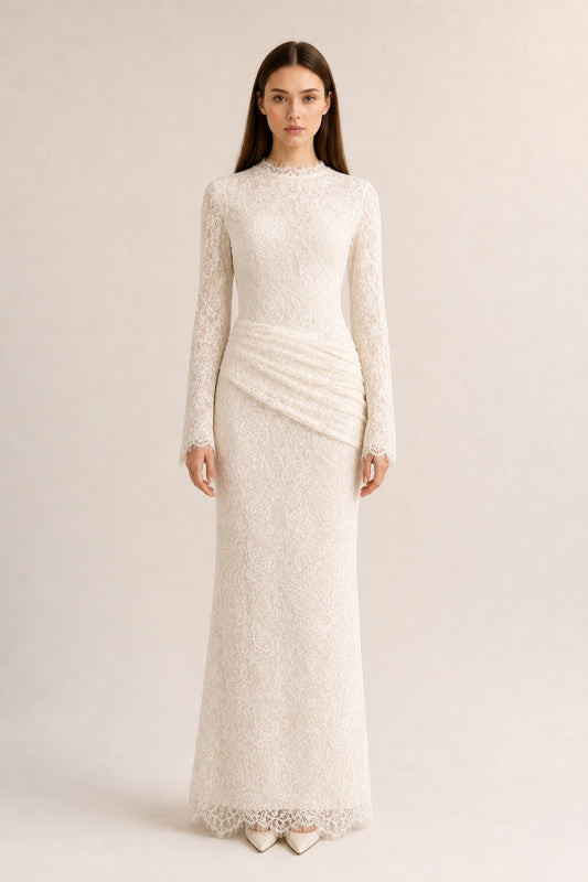 Lilia Asymmetric Drape Lace Maxi Dress • White