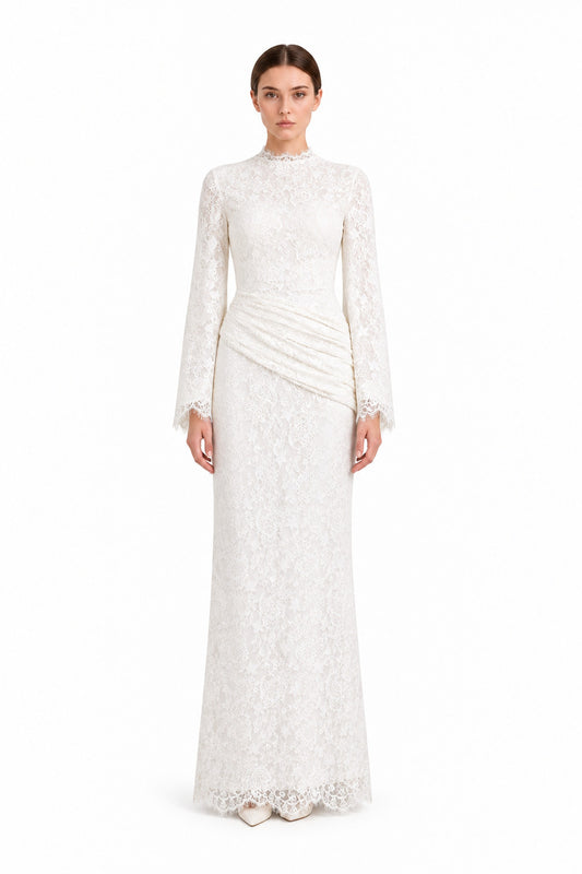 Lilia Asymmetric Drape Lace Maxi Dress • White