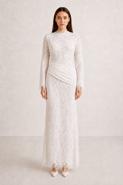 Lilia Asymmetric Drape Lace Maxi Dress • White