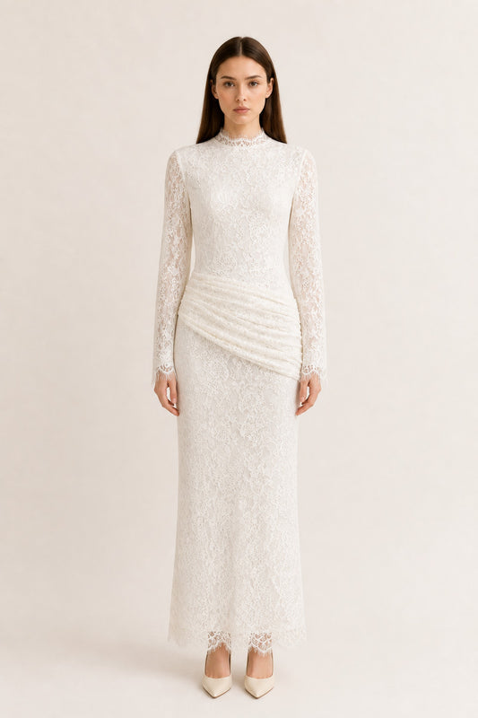 Lilia Asymmetric Drape Lace Maxi Dress • White