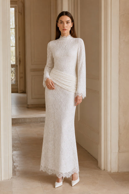 Lilia Asymmetric Drape Lace Maxi Dress • White