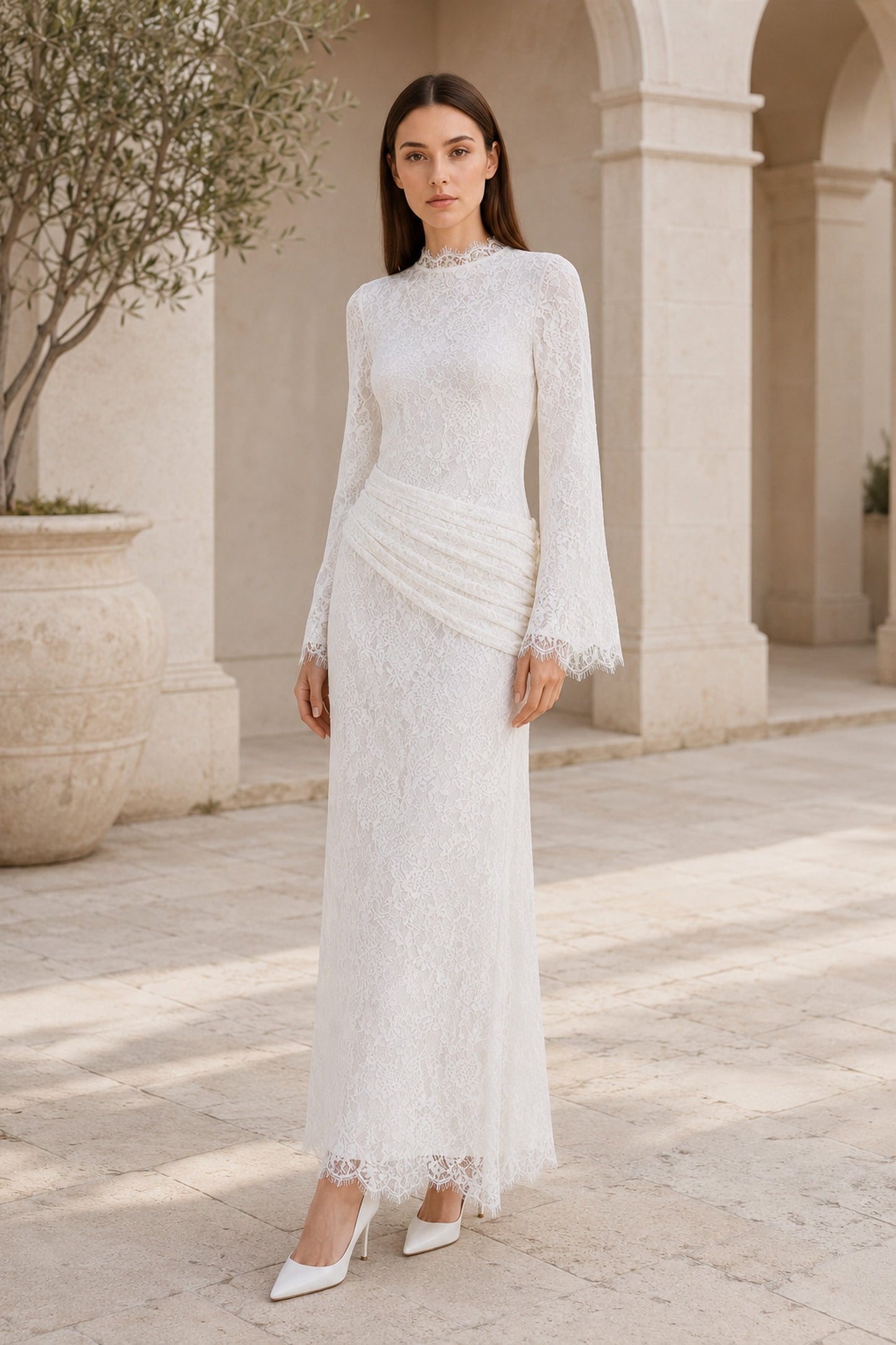 Lilia Asymmetric Drape Lace Maxi Dress • White