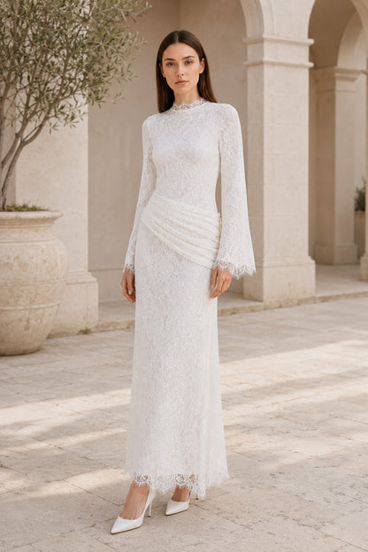 Lilia Asymmetric Drape Lace Maxi Dress • White