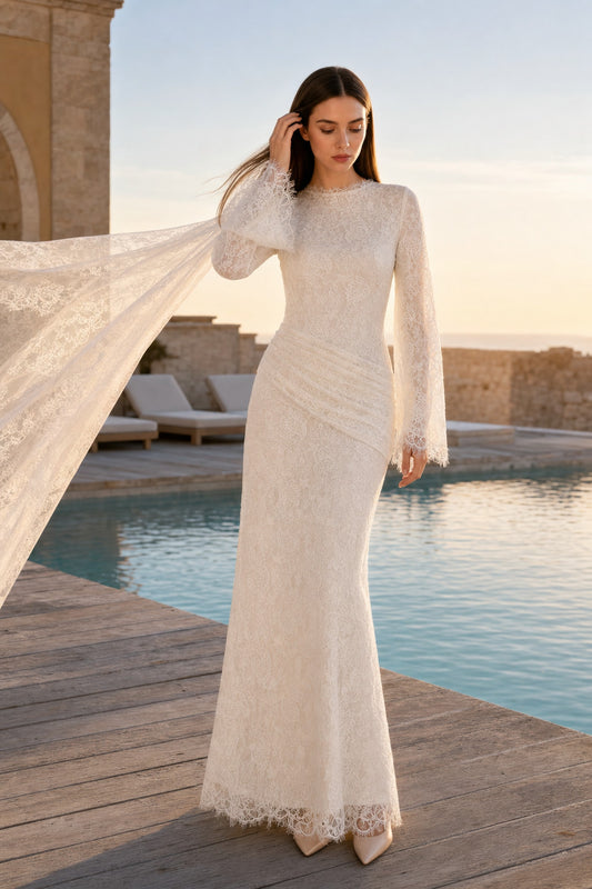 Lilia Asymmetric Drape Lace Maxi Dress • White