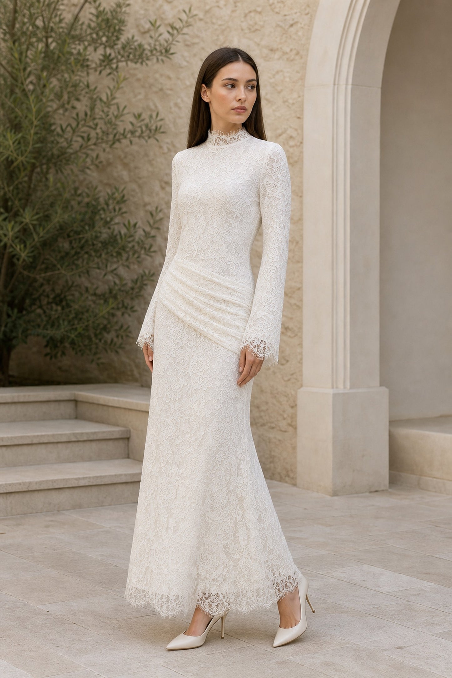 Lilia Asymmetric Drape Lace Maxi Dress • White