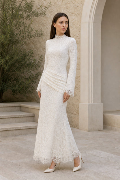 Lilia Asymmetric Drape Lace Maxi Dress • White