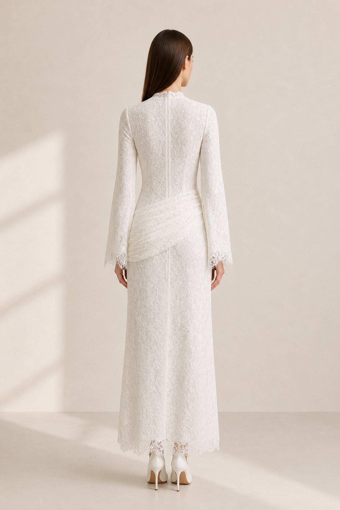 Lilia Asymmetric Drape Lace Maxi Dress • White