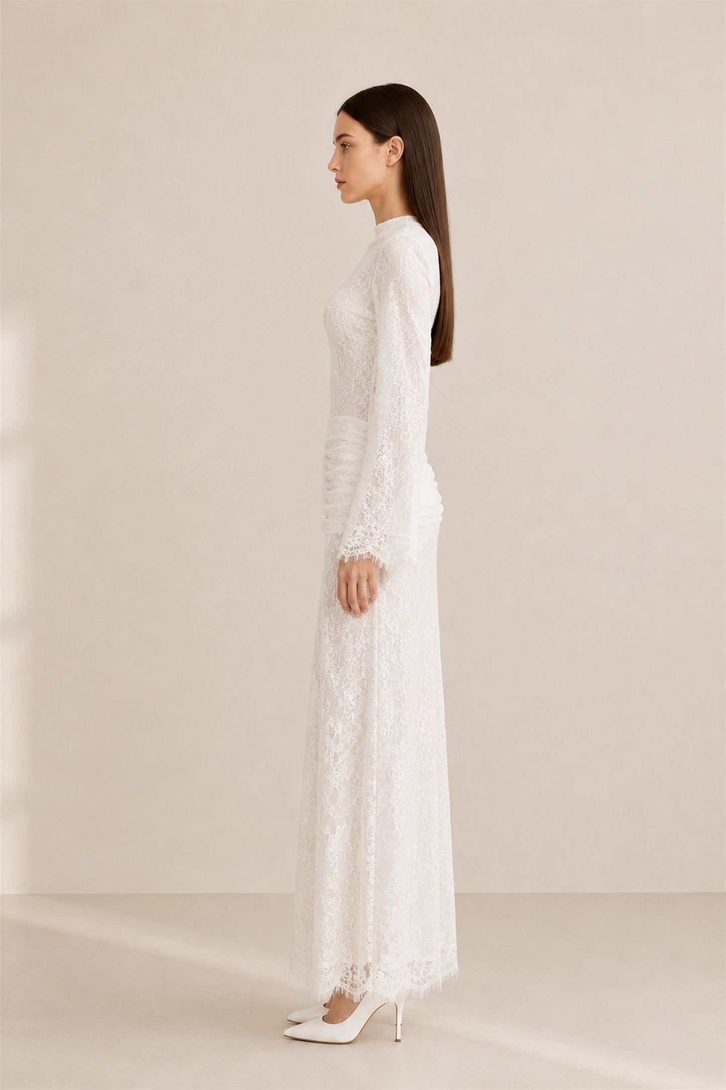 Lilia Asymmetric Drape Lace Maxi Dress • White
