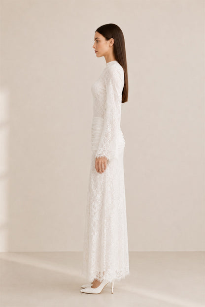 Lilia Asymmetric Drape Lace Maxi Dress • White