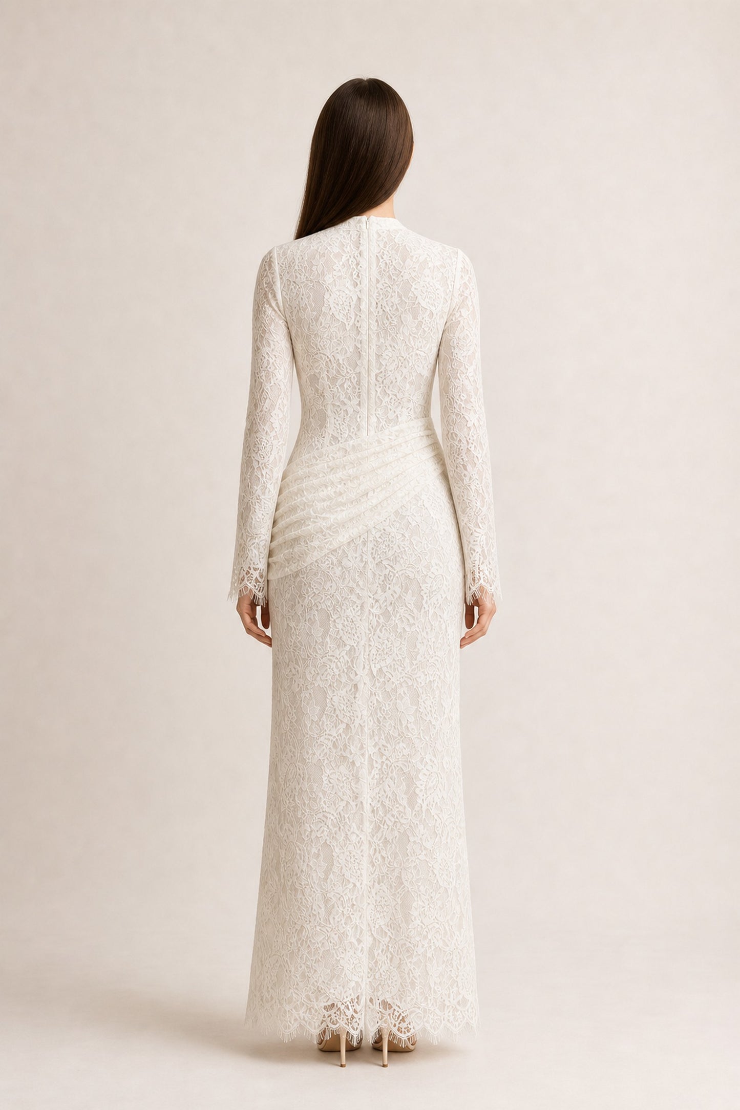 Lilia Asymmetric Drape Lace Maxi Dress • White