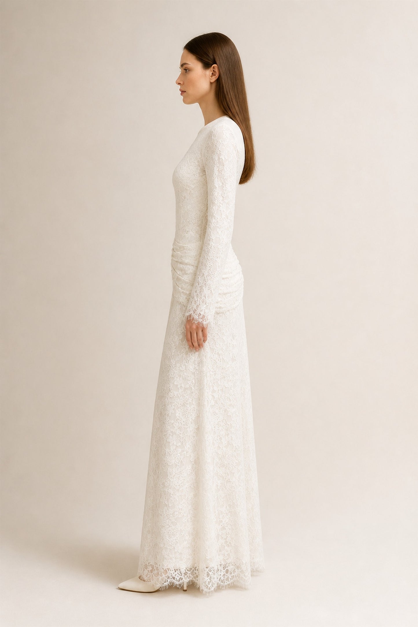 Lilia Asymmetric Drape Lace Maxi Dress • White