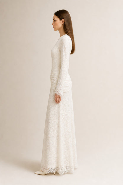 Lilia Asymmetric Drape Lace Maxi Dress • White