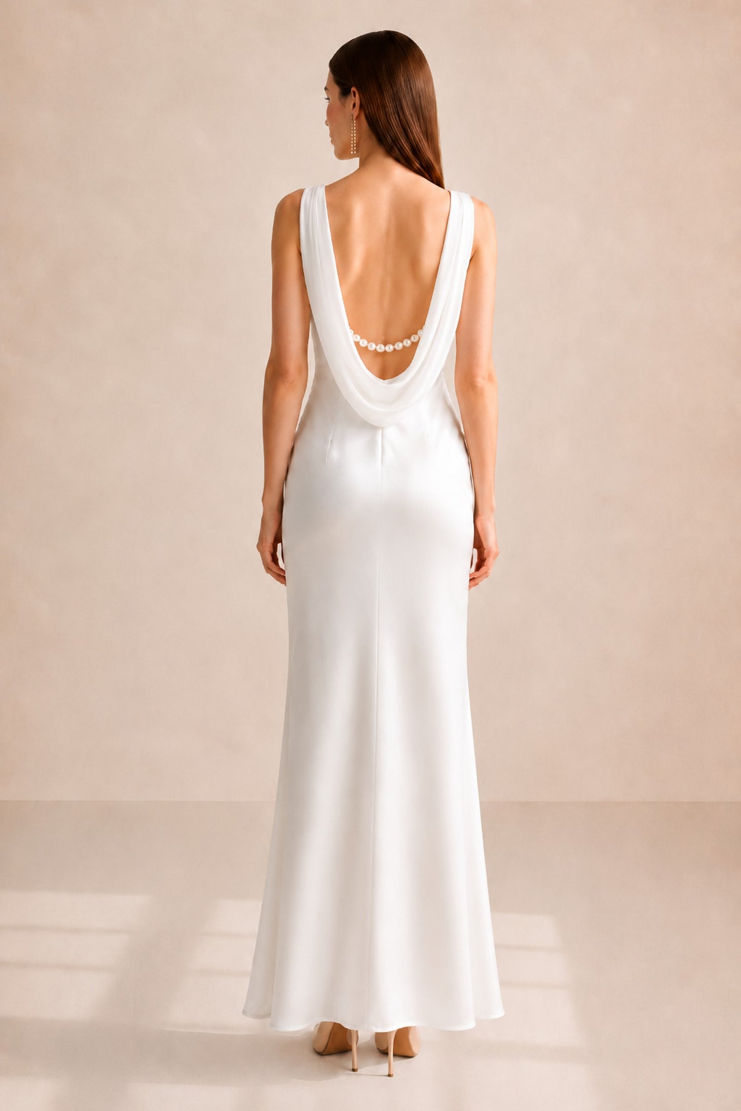 Clarisse Pearl-trim Open-back Midi Dress • White