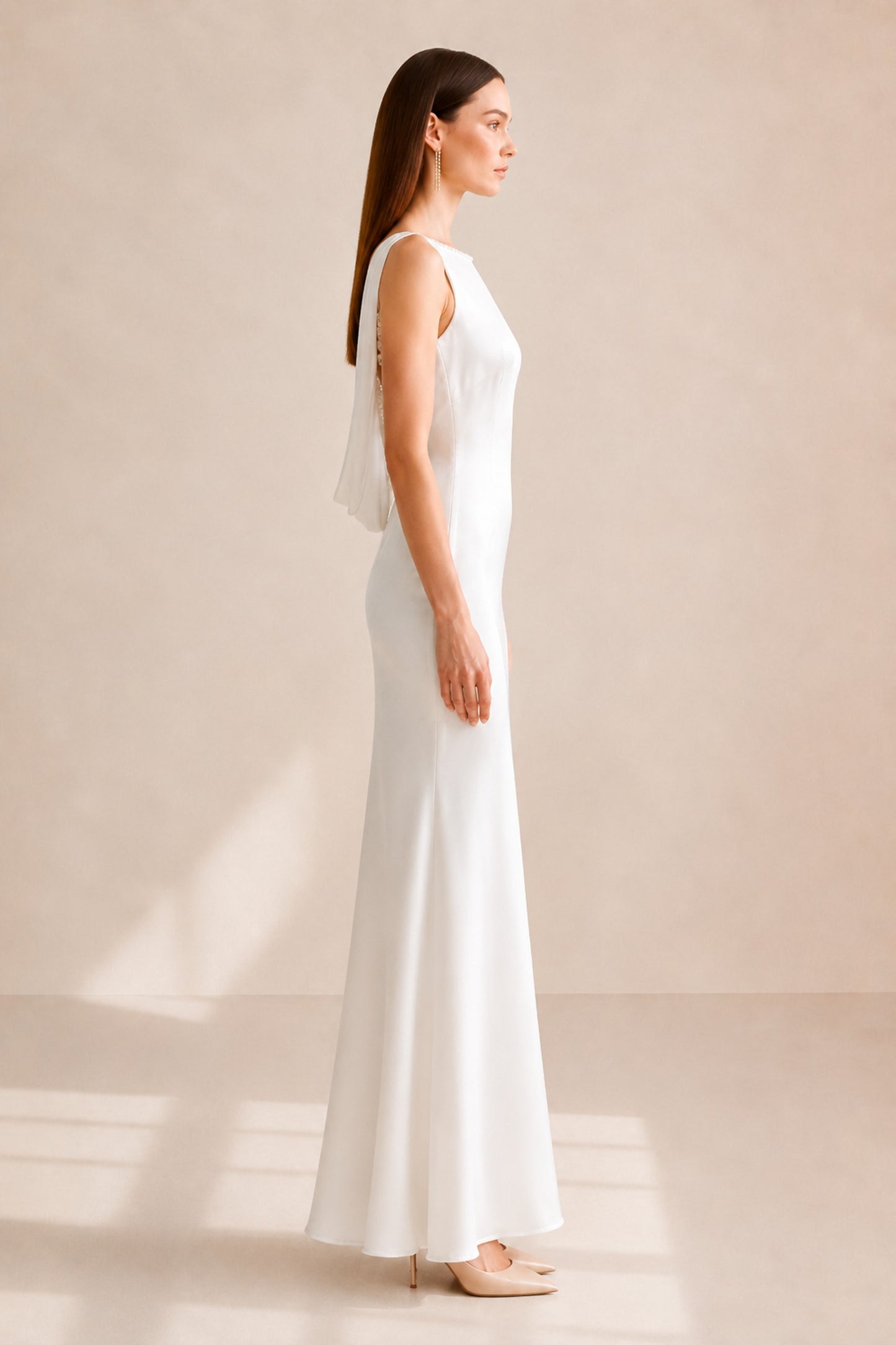 Clarisse Pearl-trim Open-back Midi Dress • White