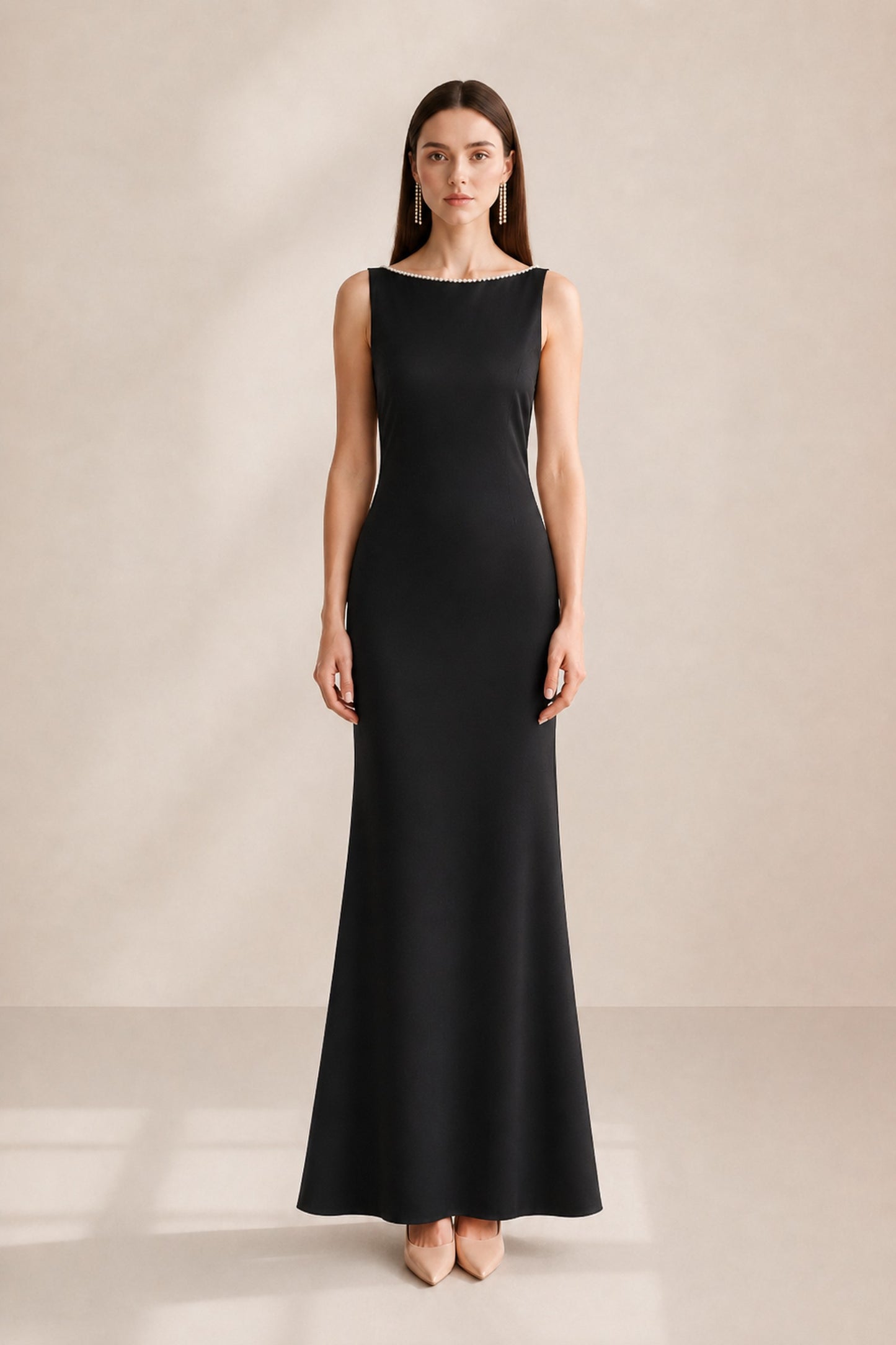 Clarisse Pearl-trim Open-back Midi Dress • Black