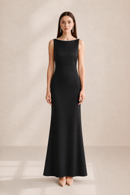 Clarisse Pearl-trim Open-back Midi Dress • Black