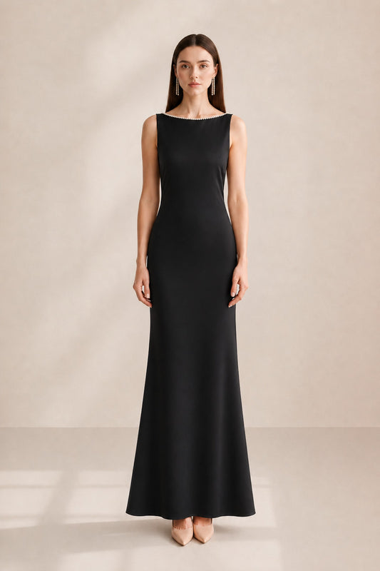 Clarisse Pearl-trim Open-back Midi Dress • Black