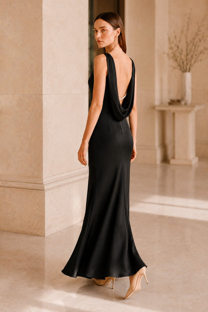 Clarisse Pearl-trim Open-back Midi Dress • Black