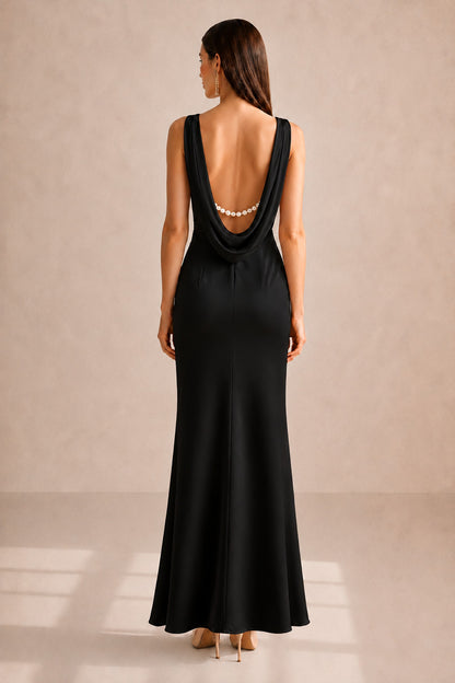 Clarisse Pearl-trim Open-back Midi Dress • Black