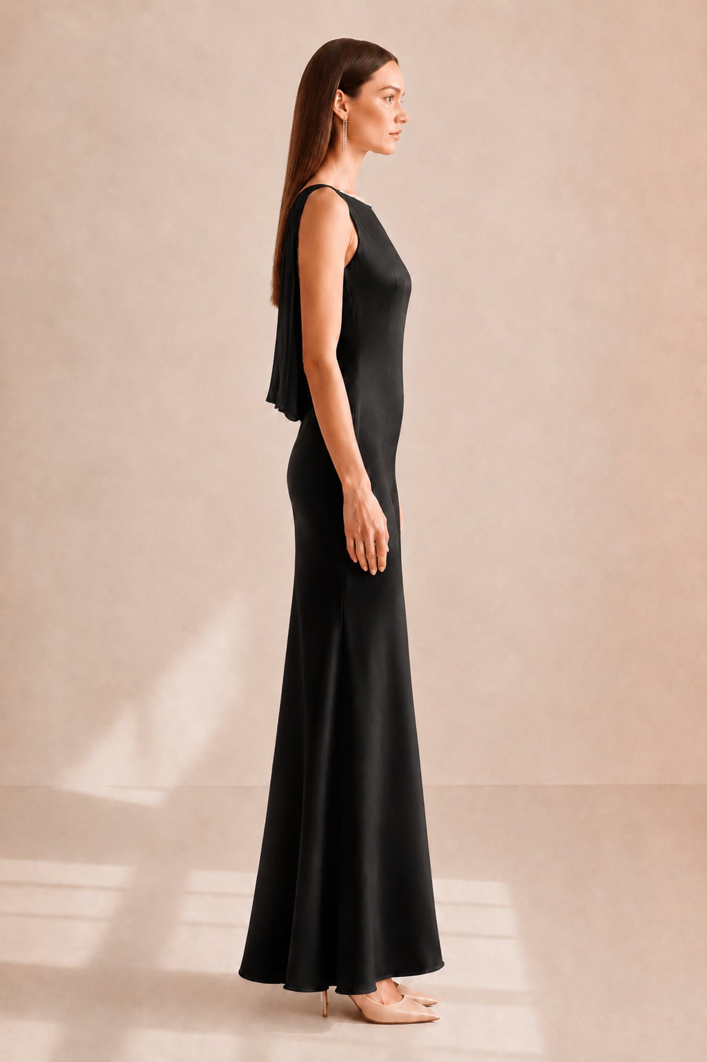 Clarisse Pearl-trim Open-back Midi Dress • Black