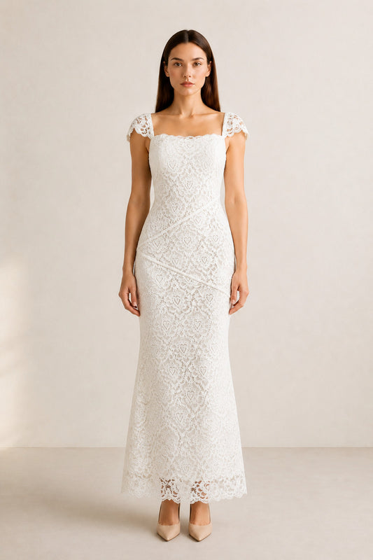 Ilyana Asymmetric Floral Lace Midi Dress • Ivory