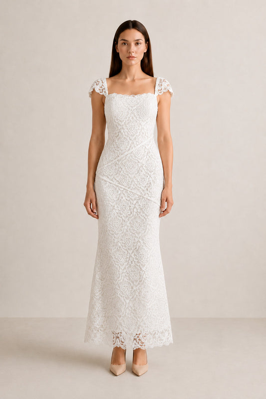 Ilyana Asymmetric Floral Lace Midi Dress • Ivory