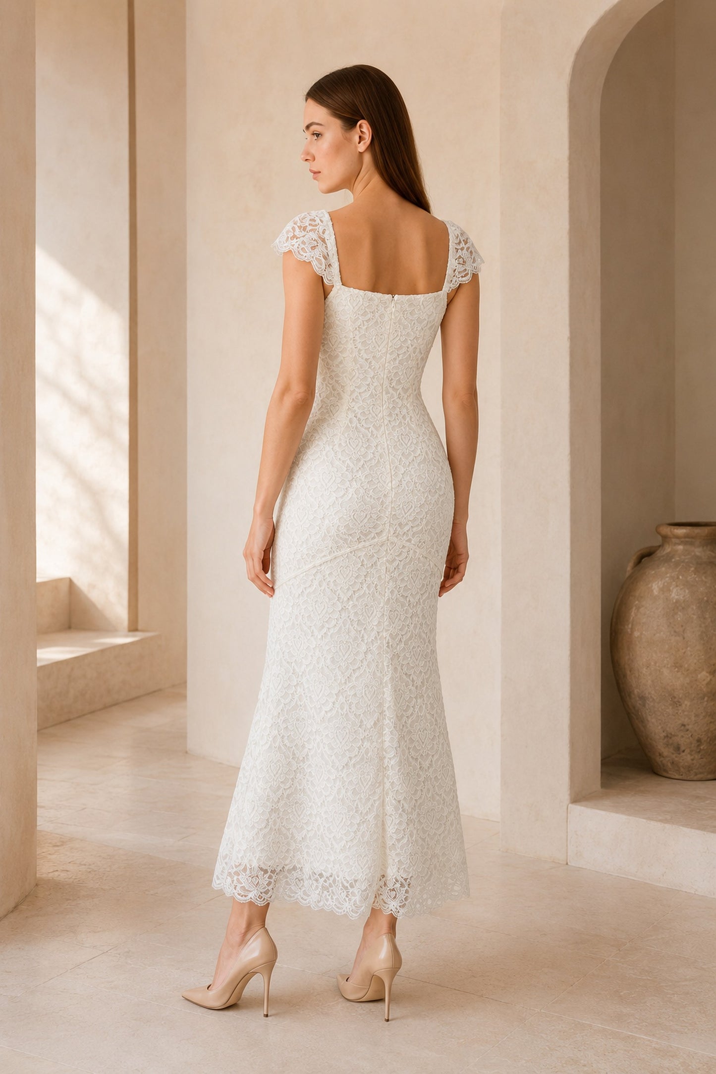 Ilyana Asymmetric Floral Lace Midi Dress • Ivory