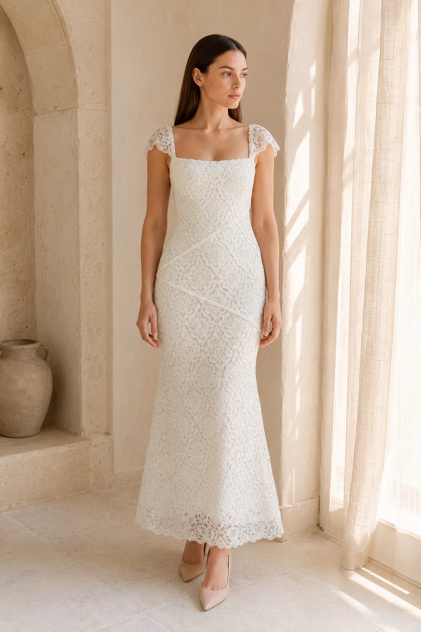 Ilyana Asymmetric Floral Lace Midi Dress • Ivory