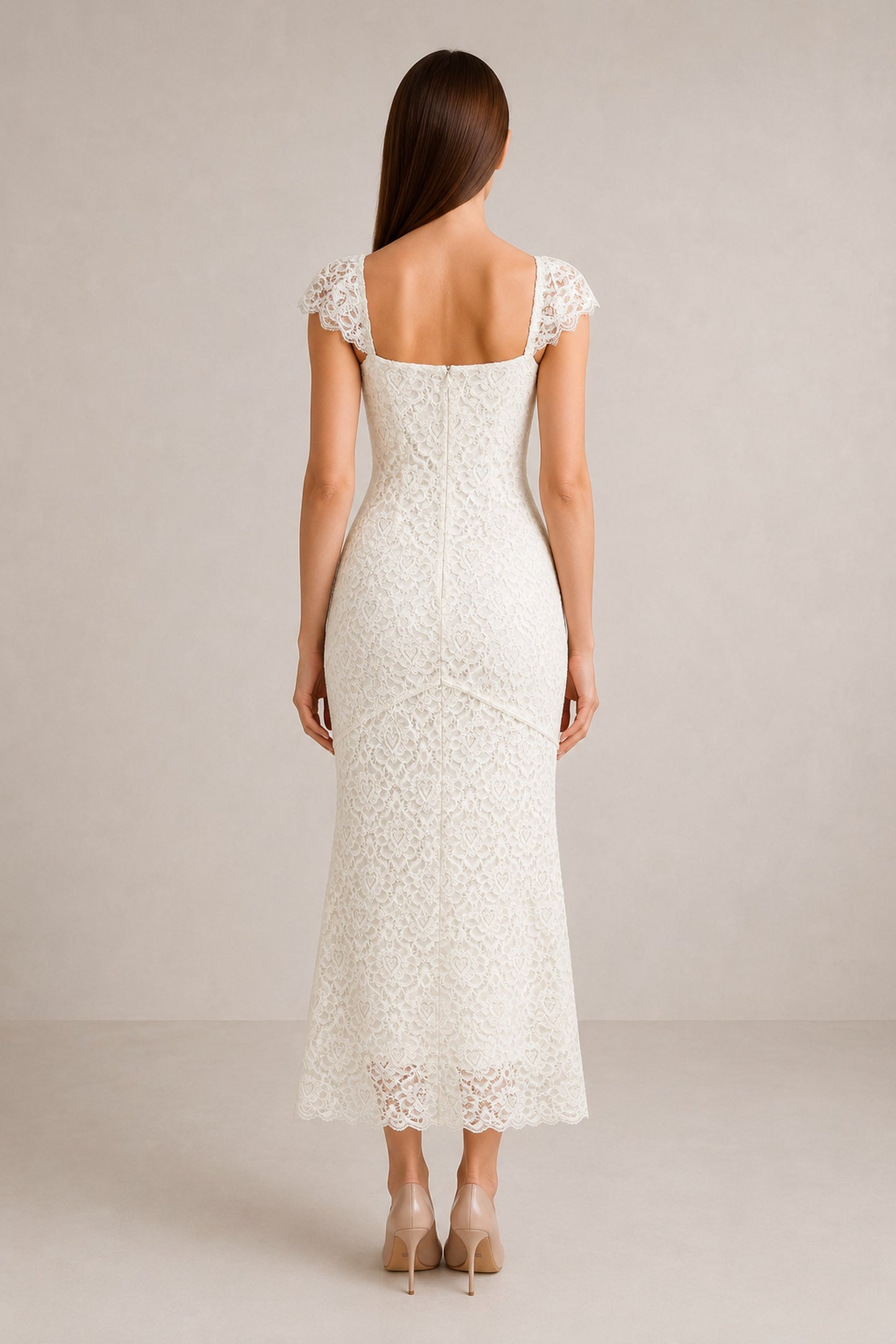 Ilyana Asymmetric Floral Lace Midi Dress • Ivory