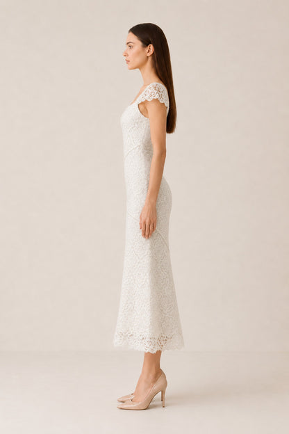 Ilyana Asymmetric Floral Lace Midi Dress • Ivory