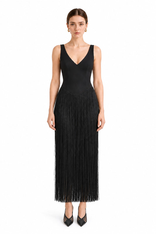 Virelle Fringe Midi Dress • Black
