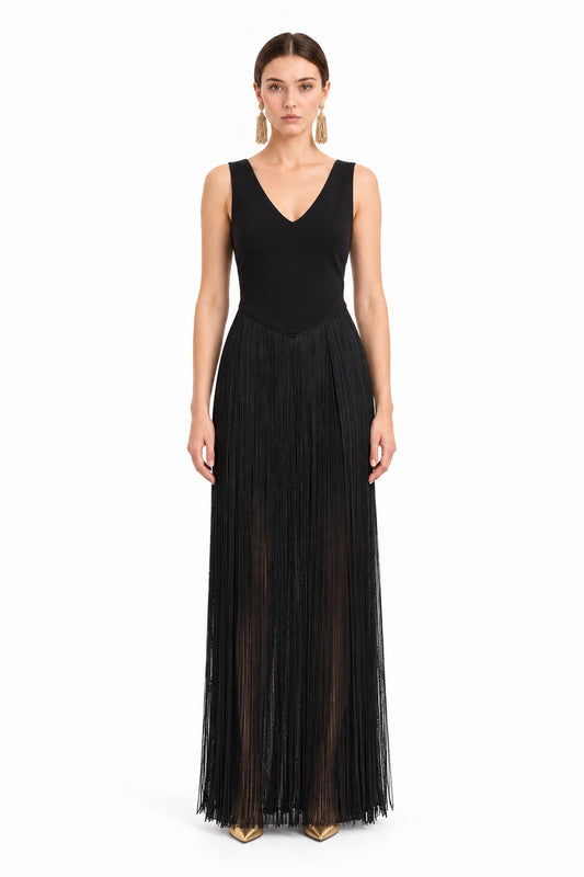 Virelle Fringe Maxi Dress • Black
