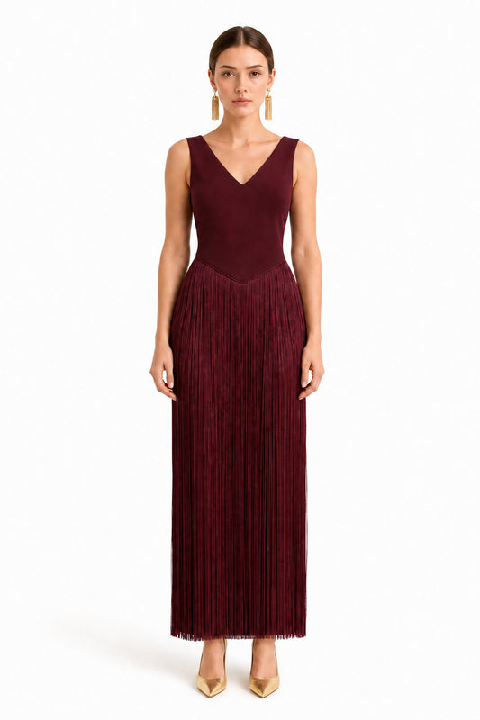 Virelle Fringe Midi Dress • Burgundy