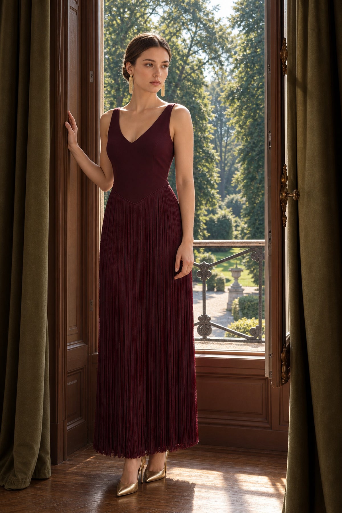 Virelle Fringe Midi Dress • Burgundy