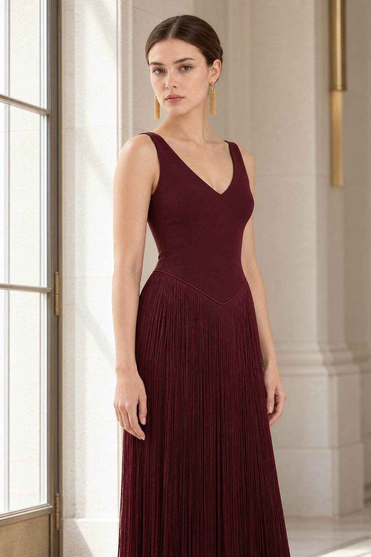 Virelle Fringe Midi Dress • Burgundy