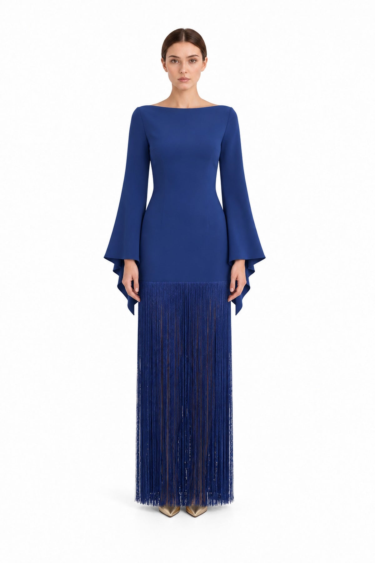 Vesper Night Blue bell-sleeve fringe maxi dress - Front view