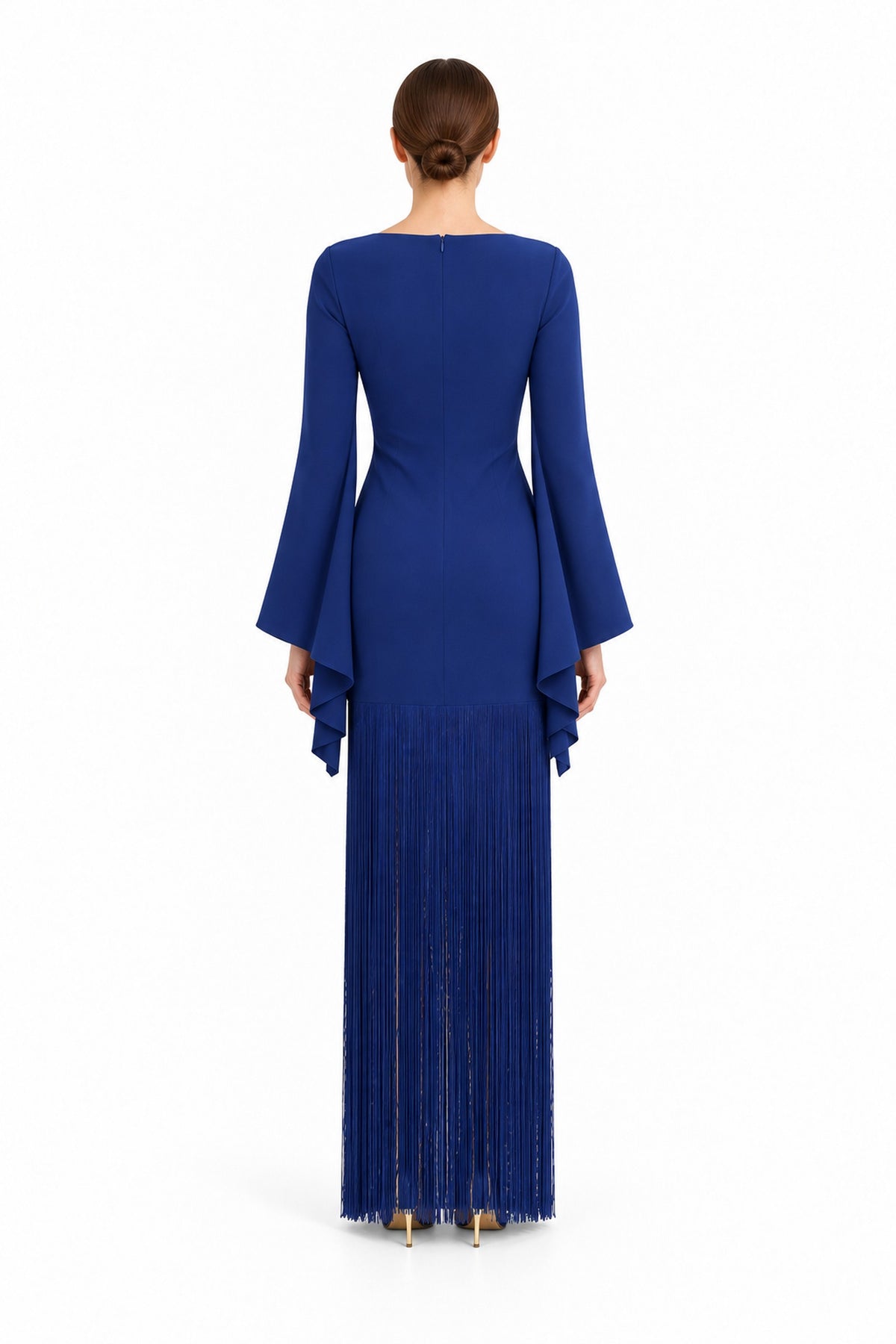 Vesper Night Blue bell-sleeve fringe maxi dress - Back view