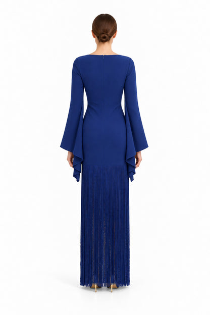 Vesper Night Blue bell-sleeve fringe maxi dress - Back view