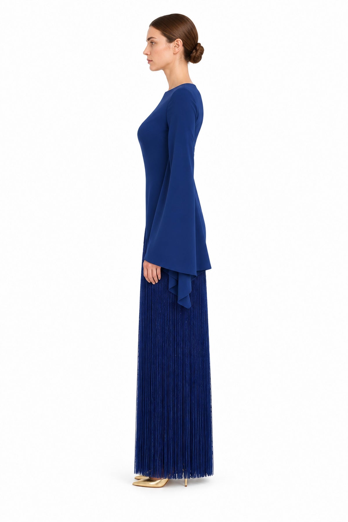 Vesper Night Blue bell-sleeve fringe maxi dress - Side view