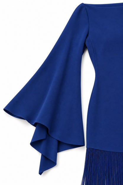 Vesper Night Blue bell-sleeve fringe maxi dress - Bell wave sleeve detail