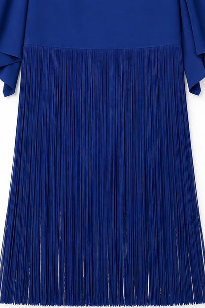 Vesper Night Blue bell-sleeve fringe maxi dress - Continuous fringe detail