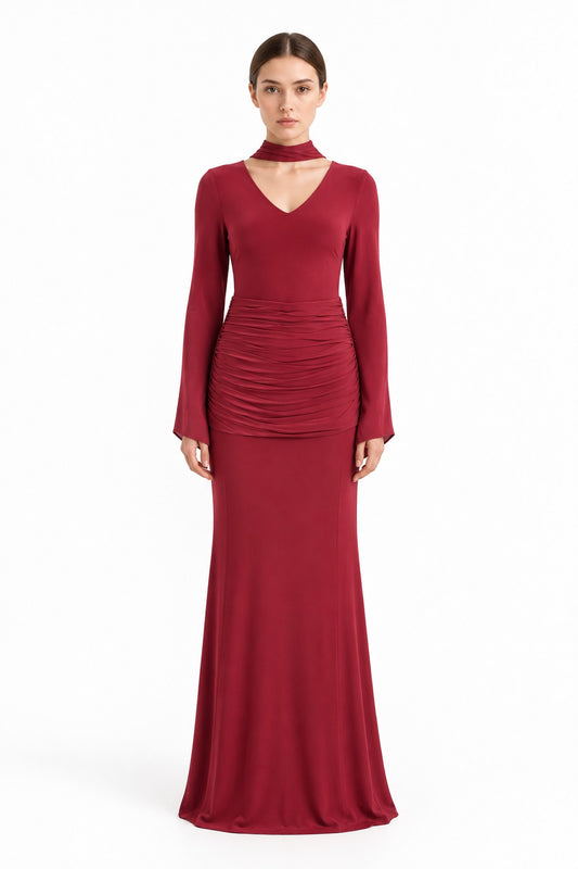 Valentina Open-Back Ruched Maxi Dress • Burgundy