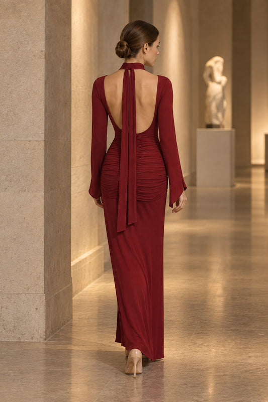 Valentina Open-Back Ruched Maxi Dress • Burgundy