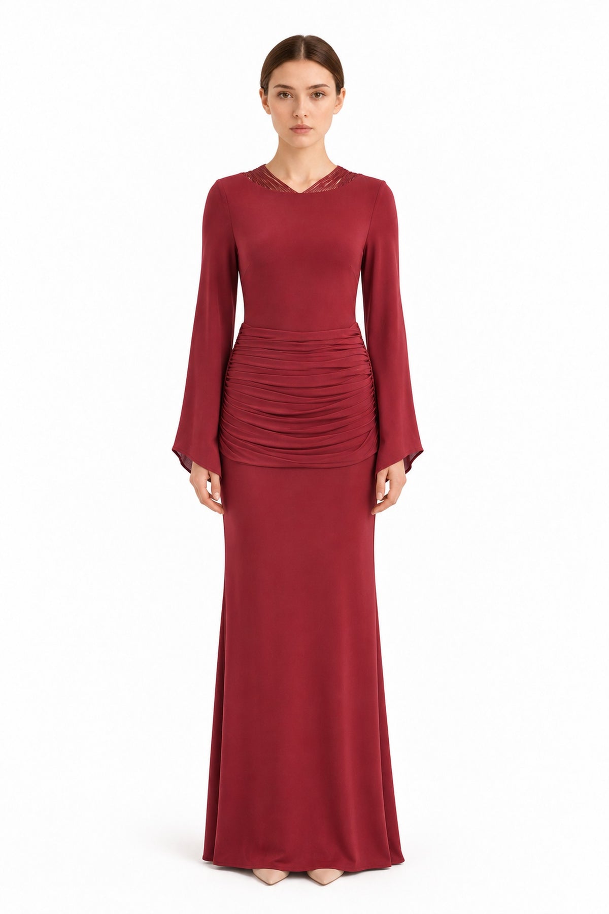 Marcella Fringe Ruched Maxi Dress • Burgundy