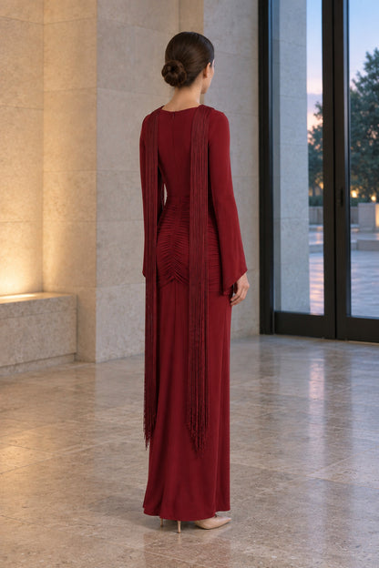 Marcella Fringe Ruched Maxi Dress • Burgundy